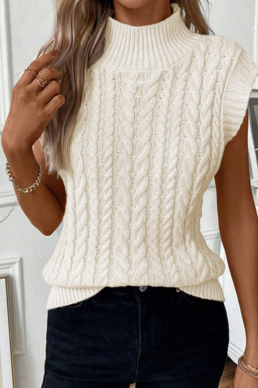 Front view of Cable Knit Turtleneck Sweater Vest in Ivory showing neckline and sleeve details
