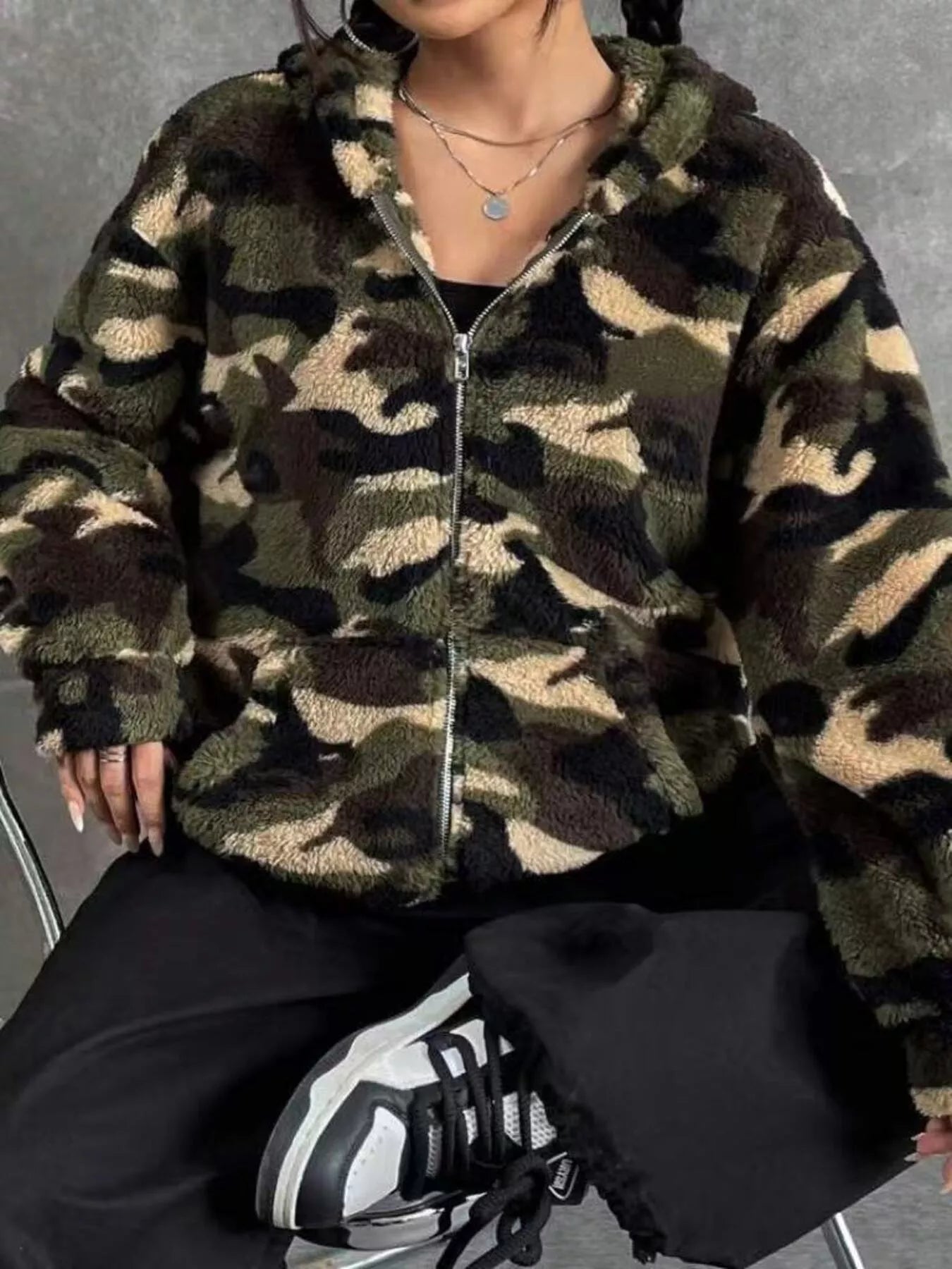 Camo Print Fuzzy Zip Up Outerwear - Rochelle's House LLC
