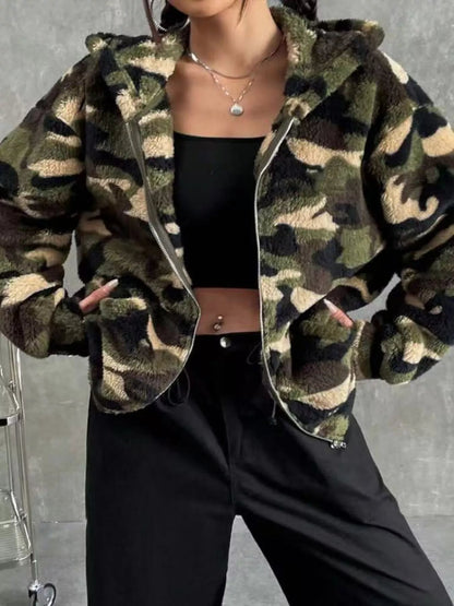 Camo Print Fuzzy Zip Up Outerwear - Rochelle's House LLC