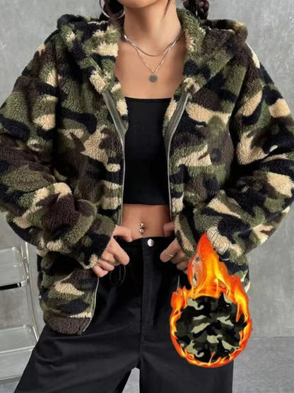 Camo Print Fuzzy Zip Up Outerwear - Rochelle's House LLC