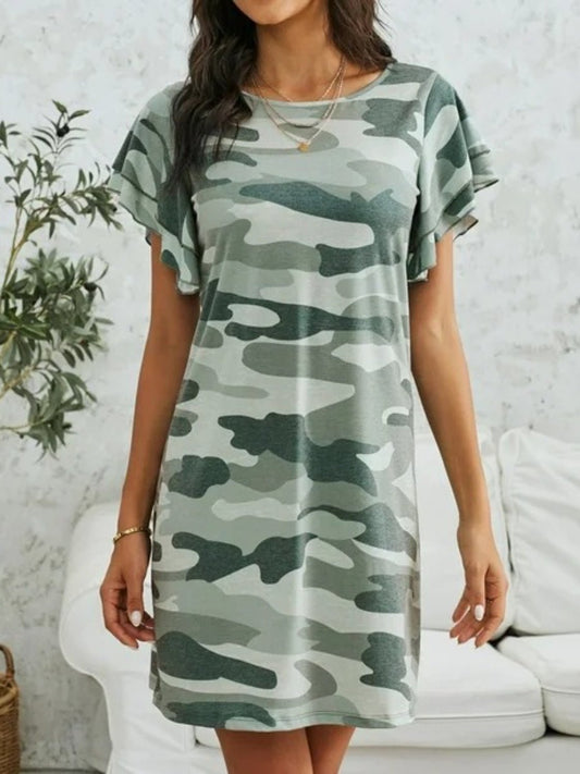 Camouflage Round Neck Short Sleeve Mini Dress - Rochelle's House LLC