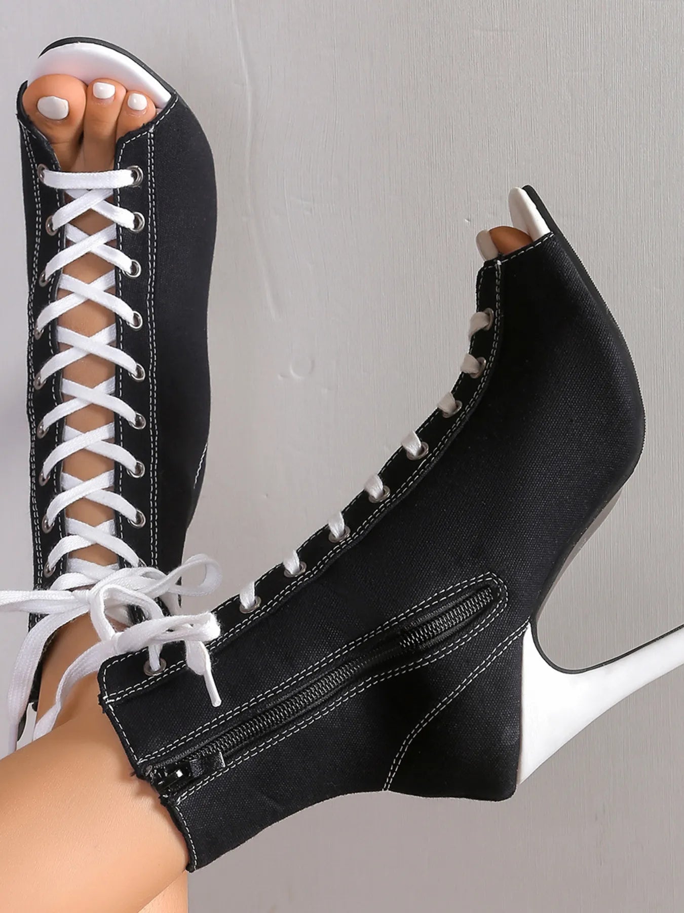 Canvas Lace - Up Peep Toe Stiletto Ankle Boots - Rochelle's House LLC