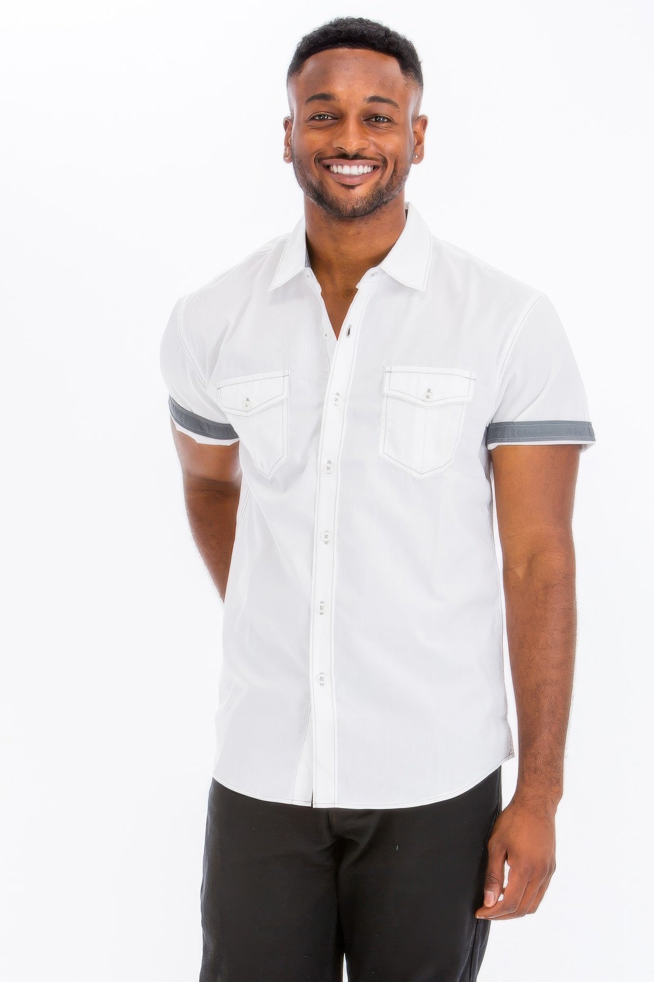 Front view of Casual Short Sleeve Solid Shirts showing neckline and sleeve details (55% cotton and)