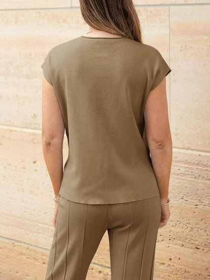 Casual Solid Color Cap Sleeve Top and Pants Knit Set - Rochelle's House LLC