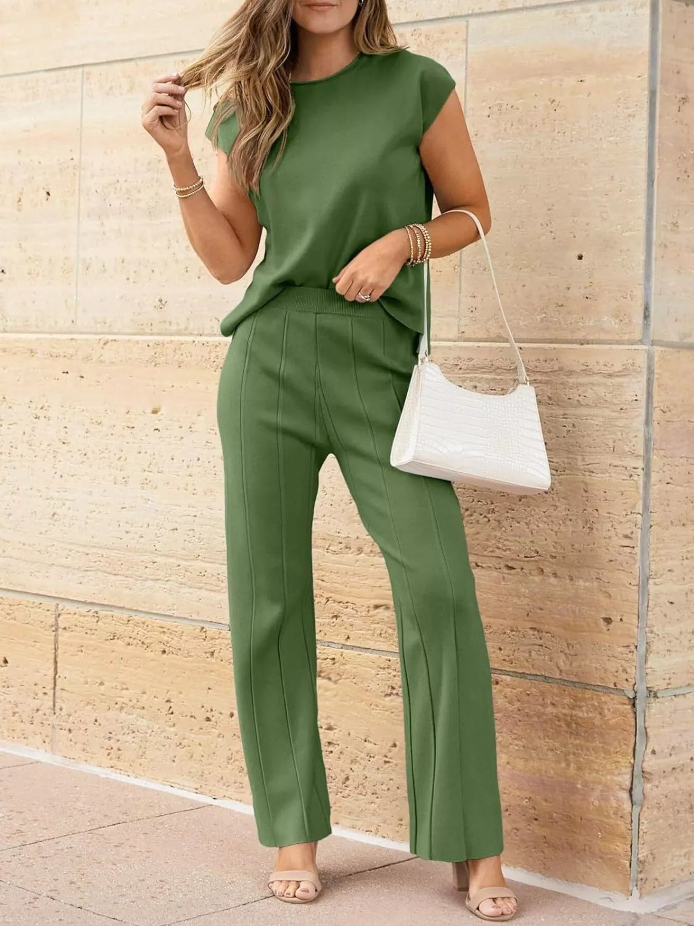 Casual Solid Color Cap Sleeve Top and Pants Knit Set - Rochelle's House LLC