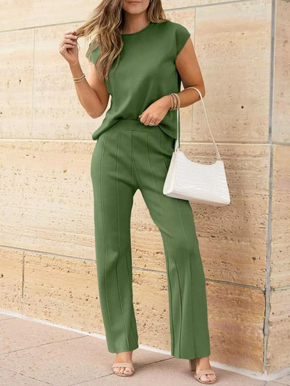 Casual Solid Color Cap Sleeve Top and Pants Knit Set - Rochelle's House LLC