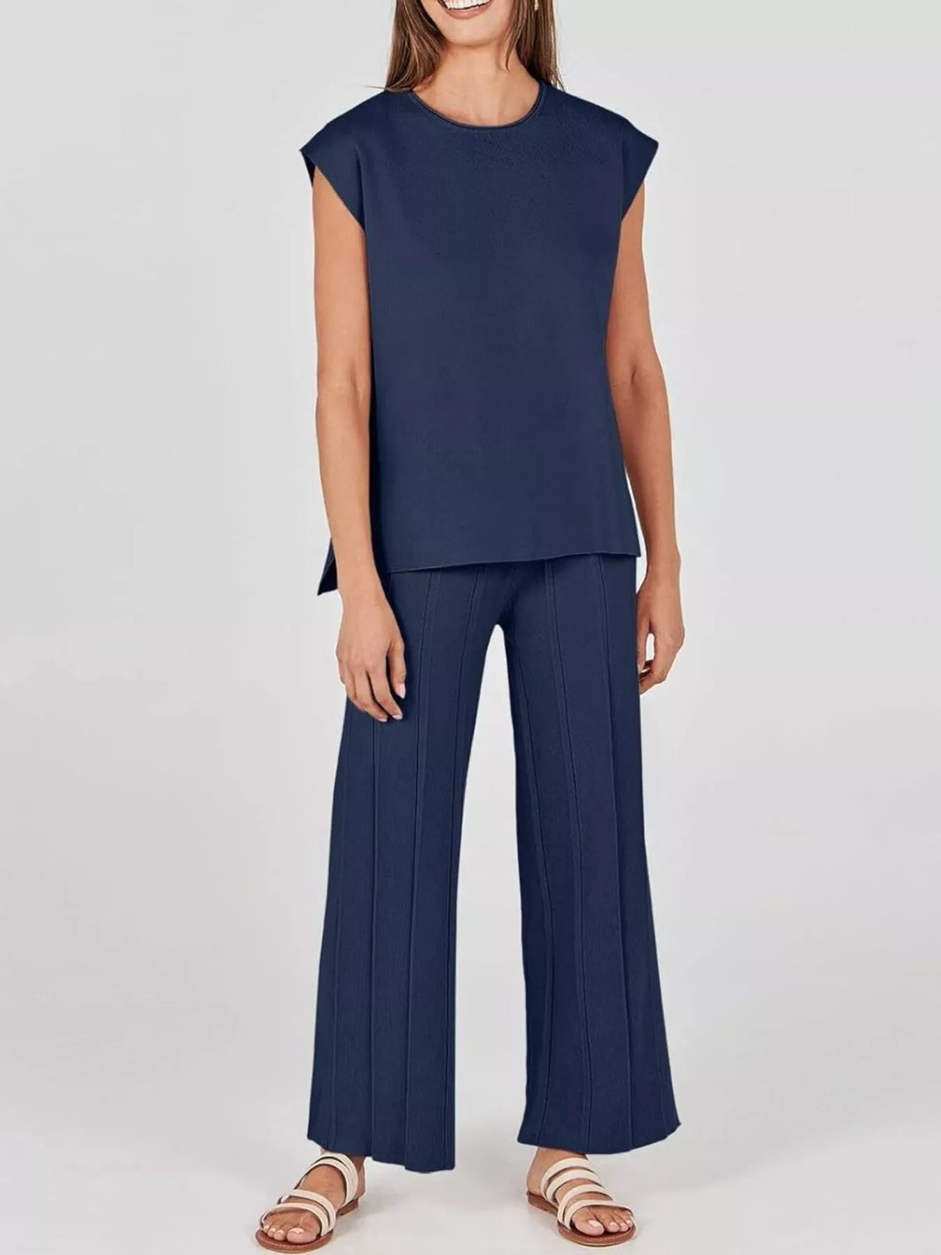 Casual Solid Color Cap Sleeve Top and Pants Knit Set - Rochelle's House LLC