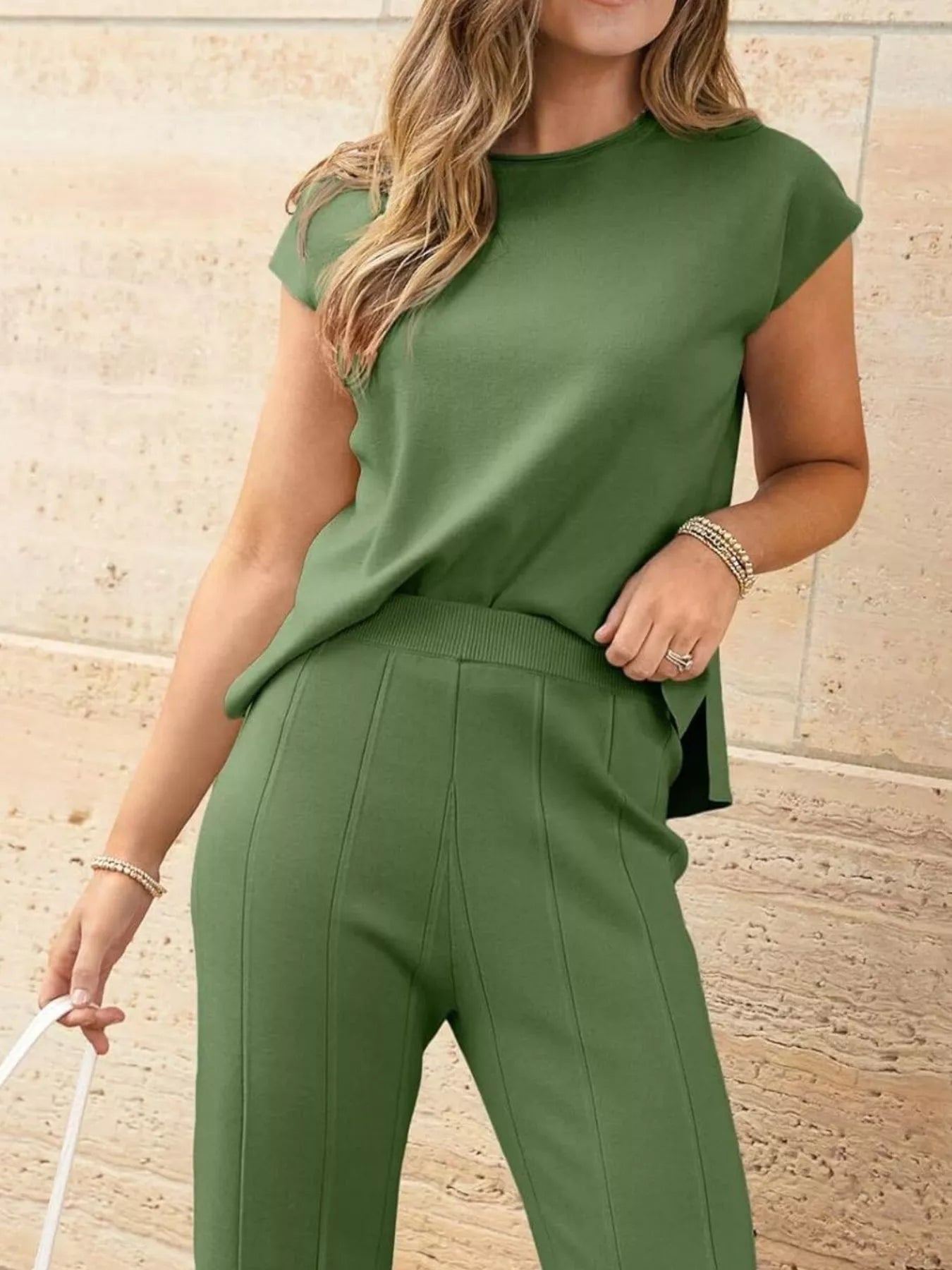 Casual Solid Color Cap Sleeve Top and Pants Knit Set - Rochelle's House LLC