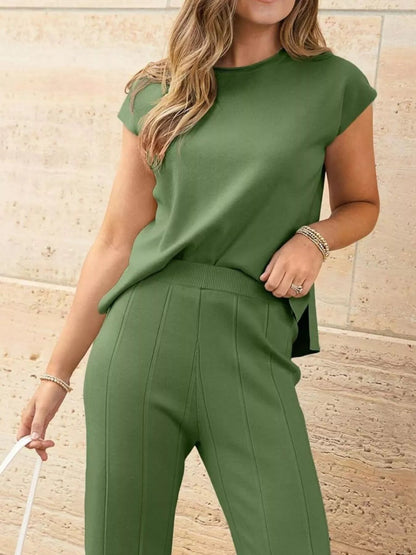 Casual Solid Color Cap Sleeve Top and Pants Knit Set - Rochelle's House LLC