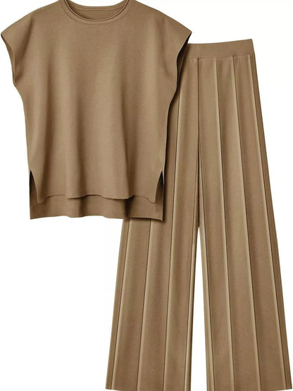 Casual Solid Color Cap Sleeve Top and Pants Knit Set - Rochelle's House LLC