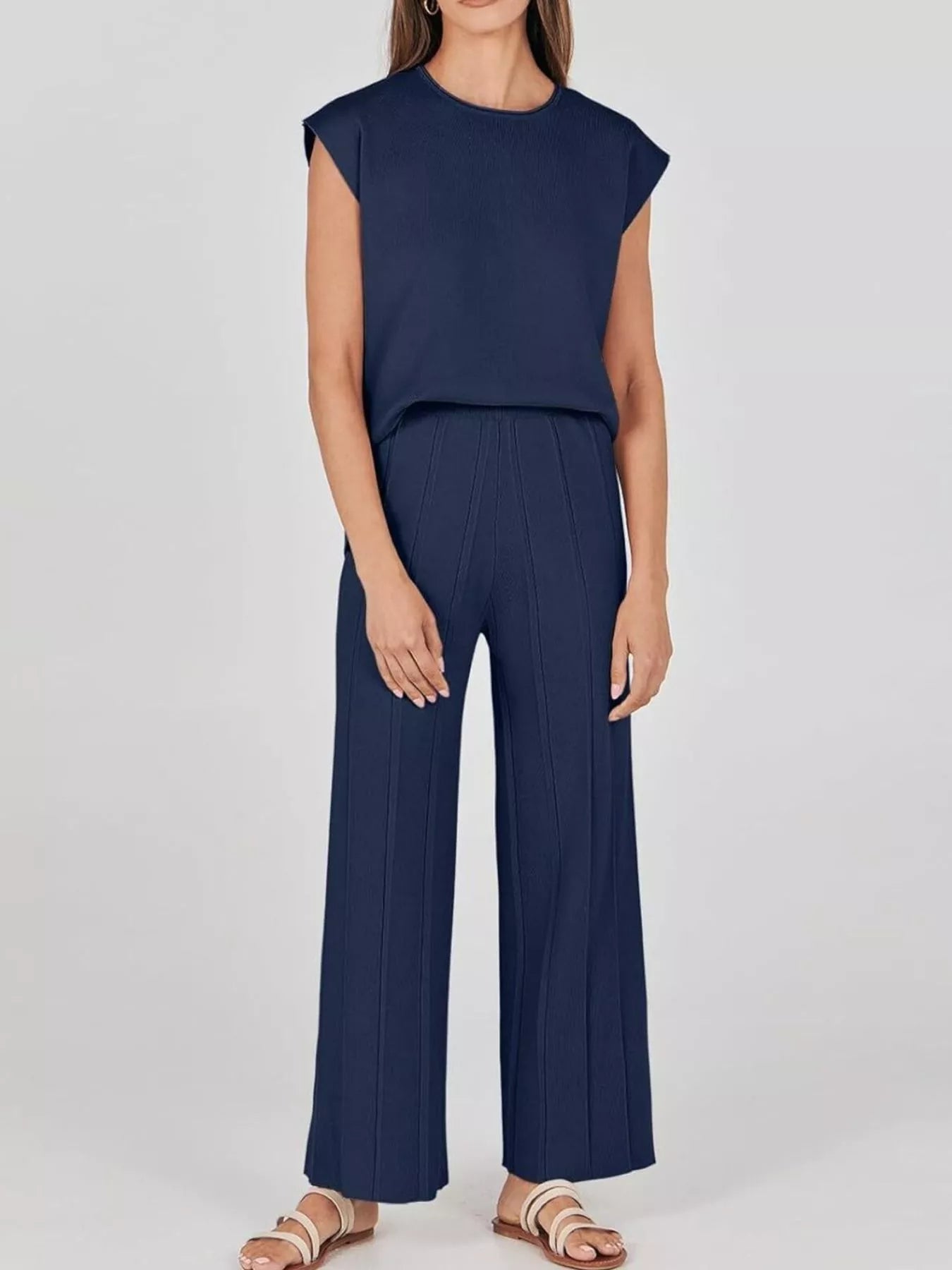 Casual Solid Color Cap Sleeve Top and Pants Knit Set - Rochelle's House LLC
