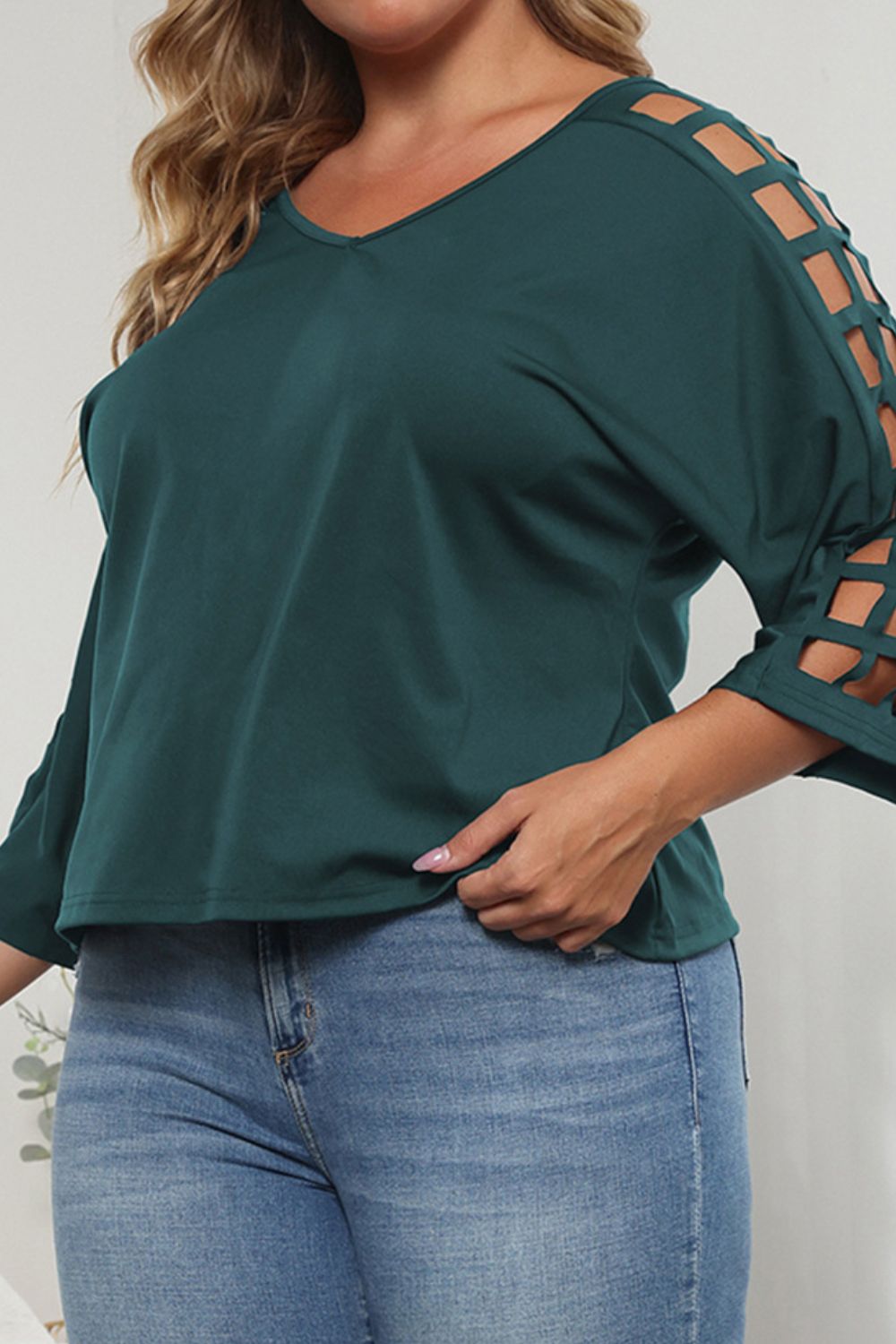 Plus Size Cutout Three-Quarter Sleeve Blouse