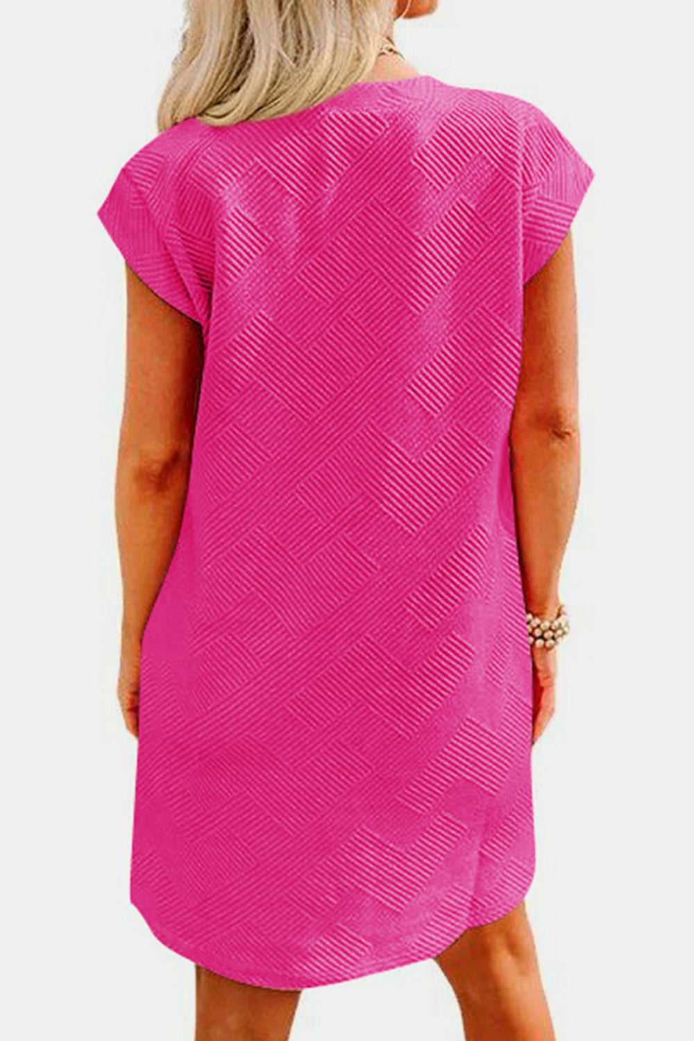 Women's Clothing, Textured Round Neck Cap Sleeve Dress, Bank View Hot Pink, Rochelle's House