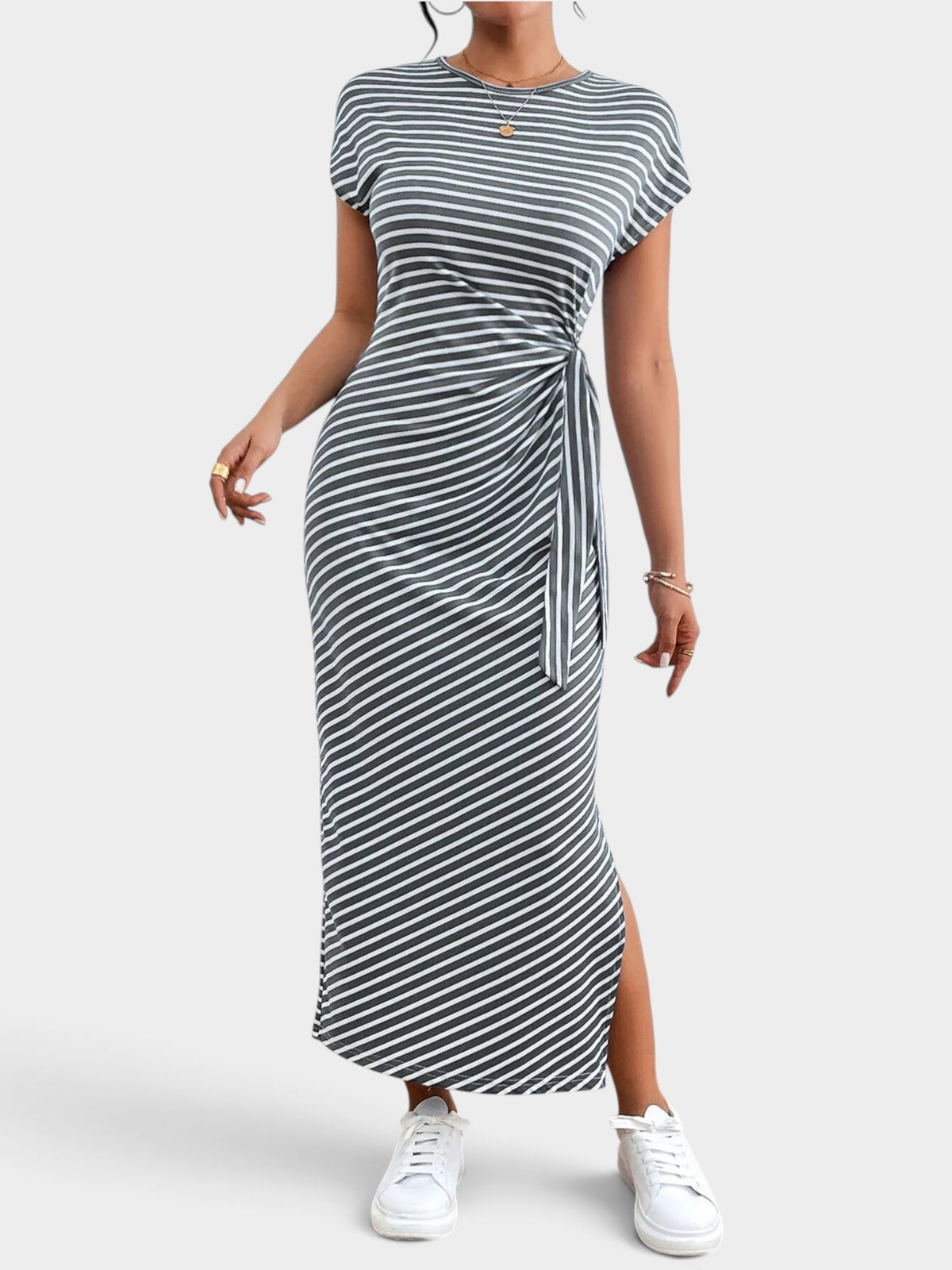 Striped Tie Side Casual Midi Dress