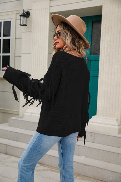 Angel Wings Ribbed Round Neck Fringe Detail Sweater