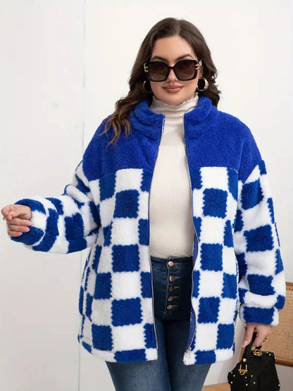 Front view of Checkered Fleece Oversized Zip Up Jacket in Blue showing neckline and sleeve details (100% polyester)