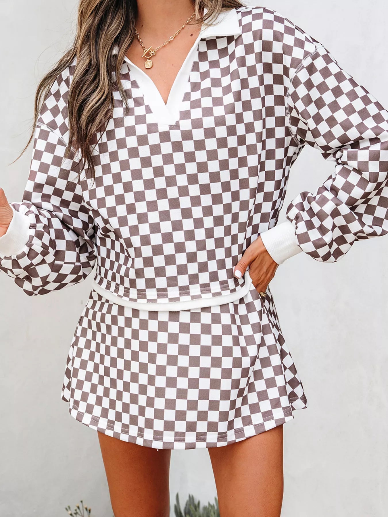 Front view of Checkered Print Polo Collar Cropped Long Sleeve Top and Drawstring Mini Skirt Set in Khaki showing neckline and