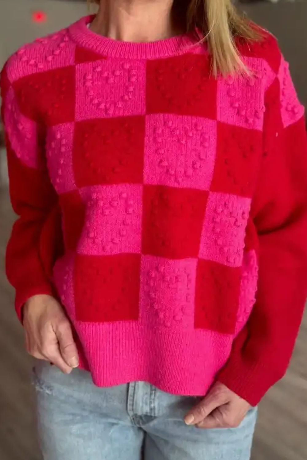 Checkered Round Neck Dropped Shoulder Sweater - Rochelle's House LLC