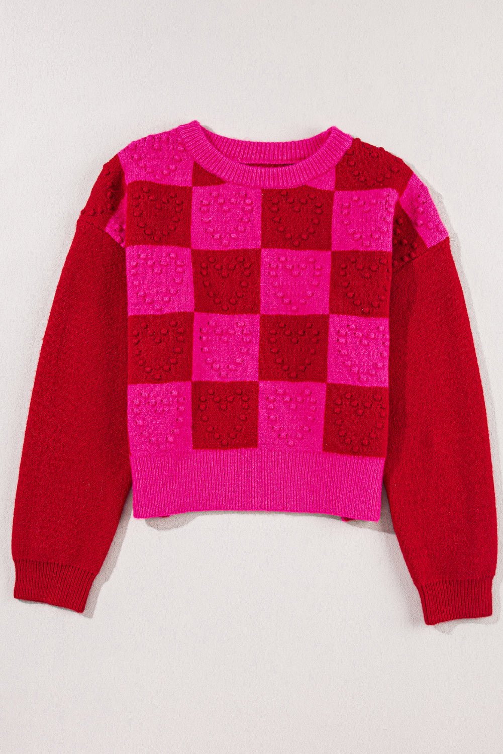 Checkered Round Neck Dropped Shoulder Sweater - Rochelle's House LLC