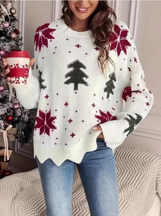 Christmas Tree Pattern Round Neck Sweater - Rochelle's House LLC