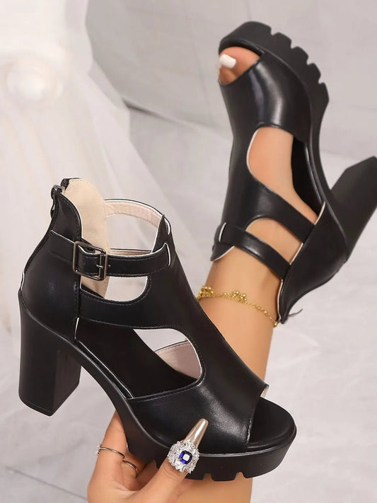 Front view of Chunky Platform Block Heel Sandals with Ankle Strap in Black showing neckline and sleeve details