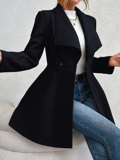 Collared neck double-breasted coat with buttons and lining — classic mid-length coat for cold-weather outfits. Black side view