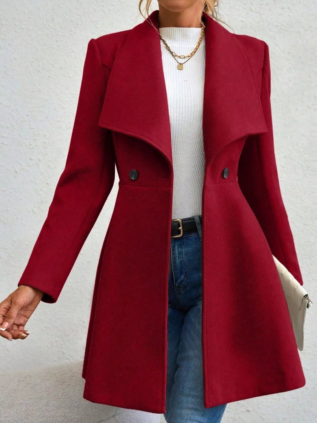Collared neck double-breasted coat with buttons and lining — classic mid-length coat for cold-weather outfits. Red
