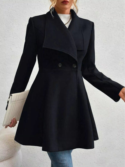 Collared neck double-breasted coat with buttons and lining — classic mid-length coat for cold-weather outfits. Black