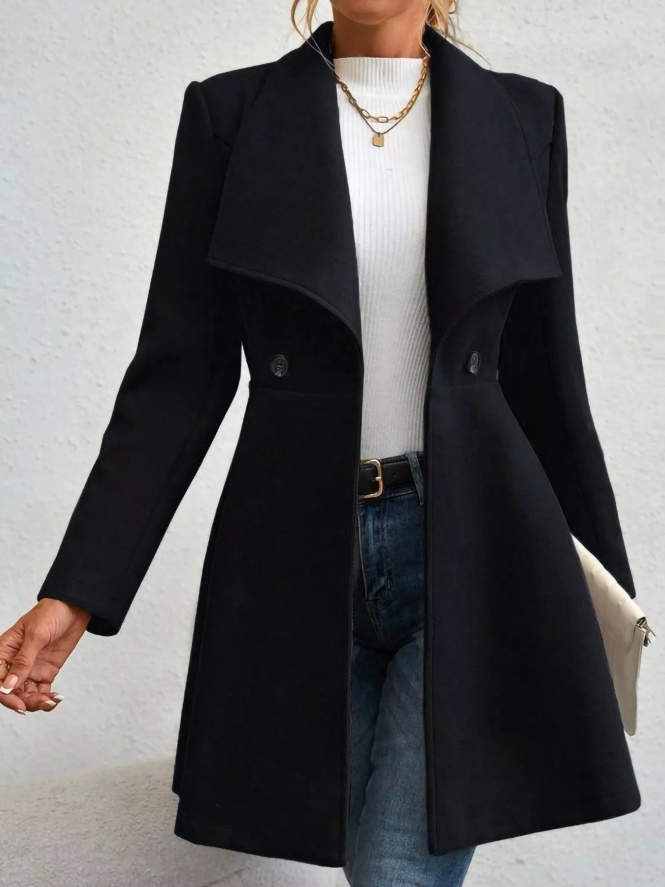 Collared neck double-breasted coat with buttons and lining — classic mid-length coat for cold-weather outfits. Black open coat view