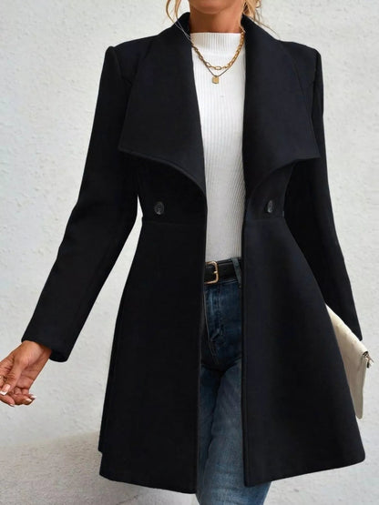 Collared neck double-breasted coat with buttons and lining — classic mid-length coat for cold-weather outfits. Black open coat view