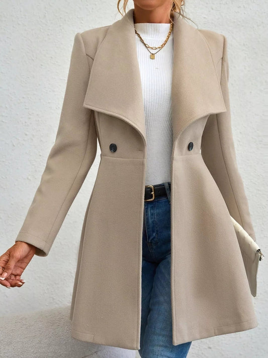 Collared neck double-breasted coat with buttons and lining — classic mid-length coat for cold-weather outfits. Apricot