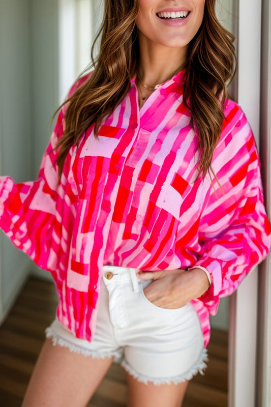Front view of Color Block Collared Neck Long Sleeve Shirt in Hot Pink showing neckline and sleeve details (100% polyester)