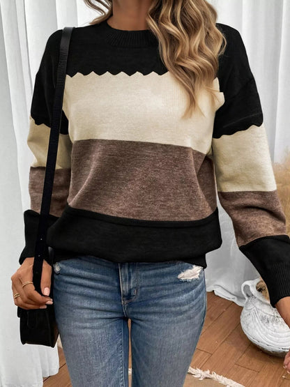 Front view of Color Block Crew Neck Drop Shoulder Sweater in Black showing neckline and sleeve details