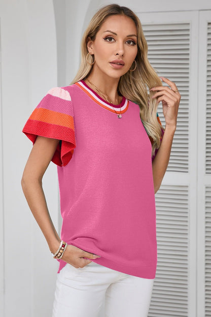 Color Block Round Neck Knit Top - Rochelle's House LLC