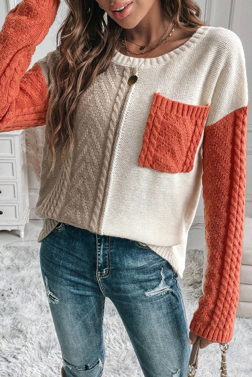 Color Block Round Neck Long Sleeve Sweater - Rochelle's House LLC