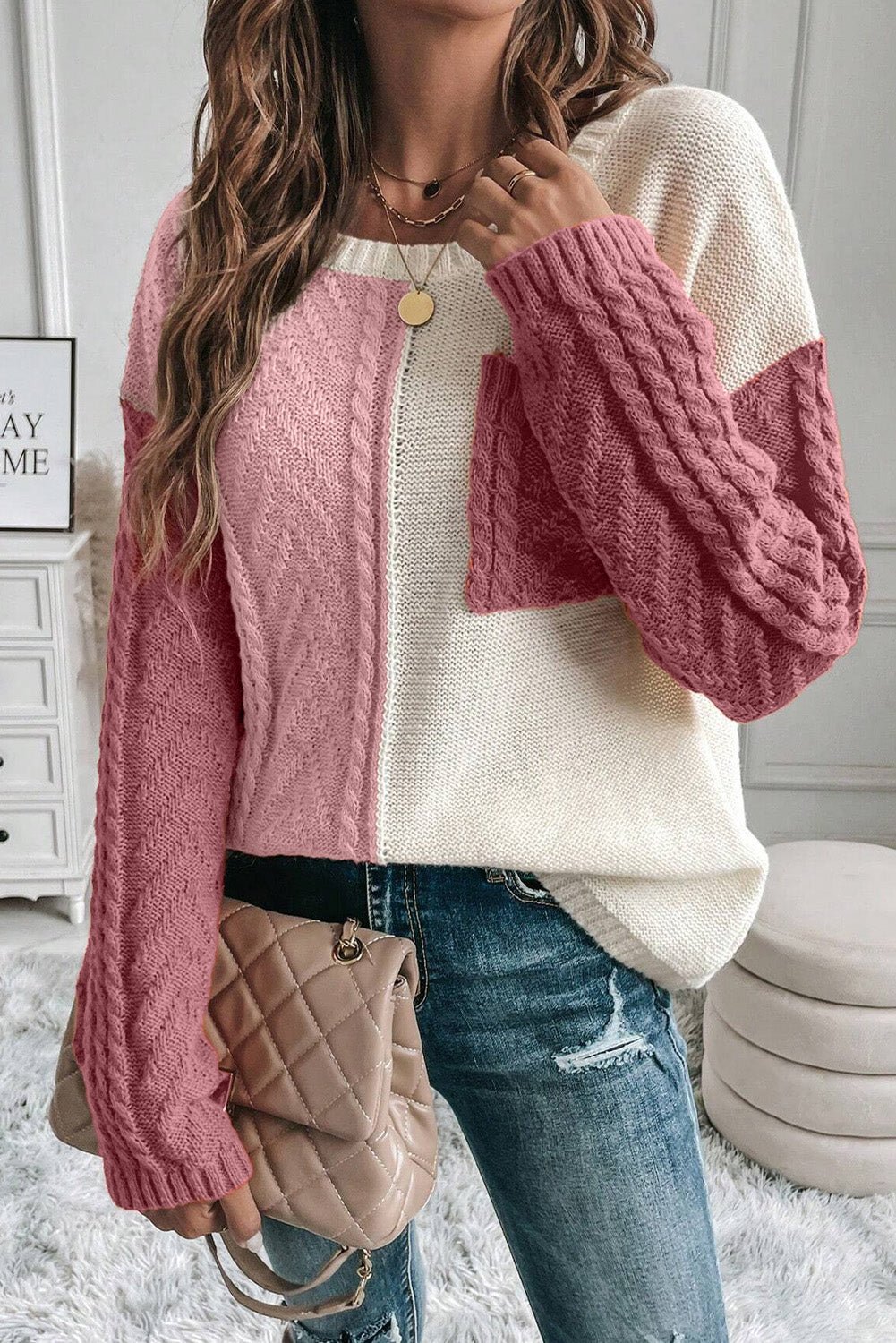 Color Block Round Neck Long Sleeve Sweater - Rochelle's House LLC