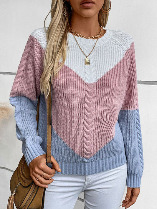 Front view of Color Block Round Neck Long Sleeve Sweater in Blush Pink showing neckline and sleeve details (100% polyester)