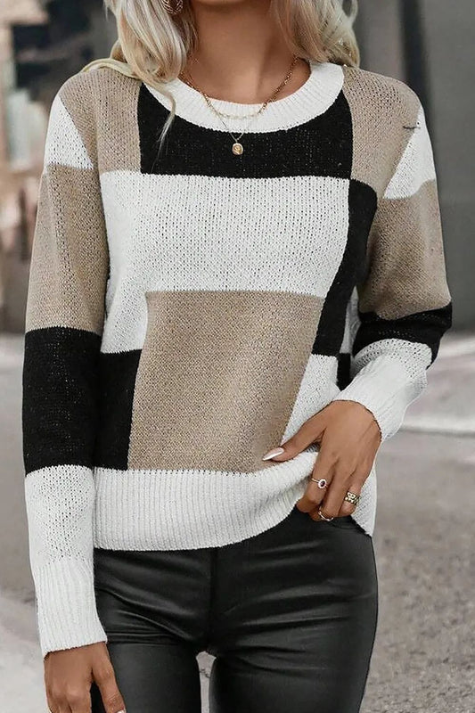 Color Block Round Neck Long Sleeve Sweater - Rochelle's House LLC
