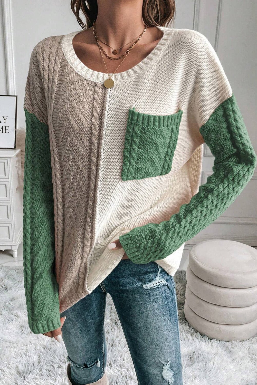 Color Block Round Neck Long Sleeve Sweater - Rochelle's House LLC