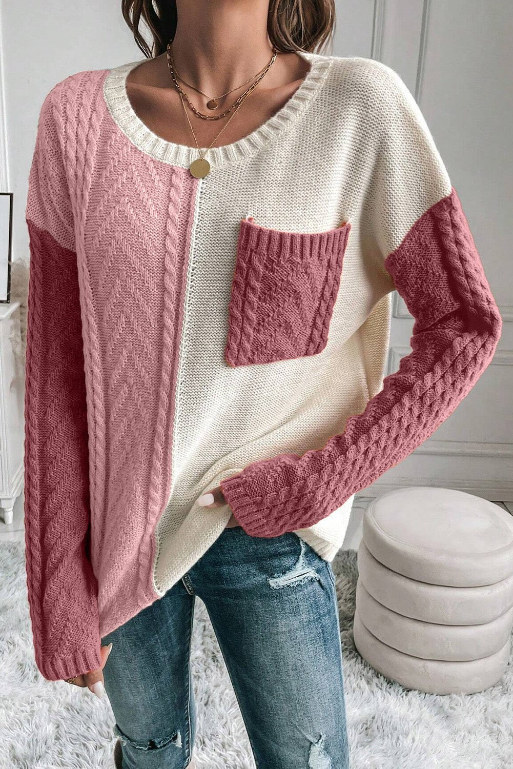 Color Block Round Neck Long Sleeve Sweater - Rochelle's House LLC
