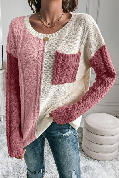 Color Block Round Neck Long Sleeve Sweater - Rochelle's House LLC