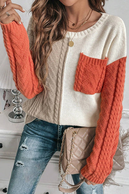 Color Block Round Neck Long Sleeve Sweater - Rochelle's House LLC
