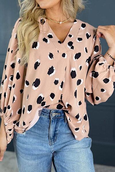 Front view of Contrast Animal Print V-Neck Long Sleeve Blouse in Dust Storm showing neckline and sleeve details
