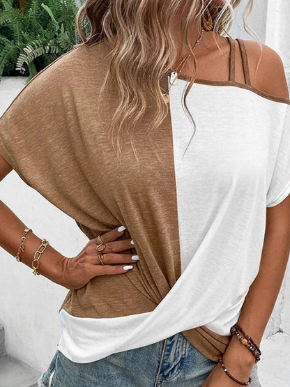 Front view of Contrast Asymmetrical Neck Short Sleeve T-Shirt in White showing neckline and sleeve details