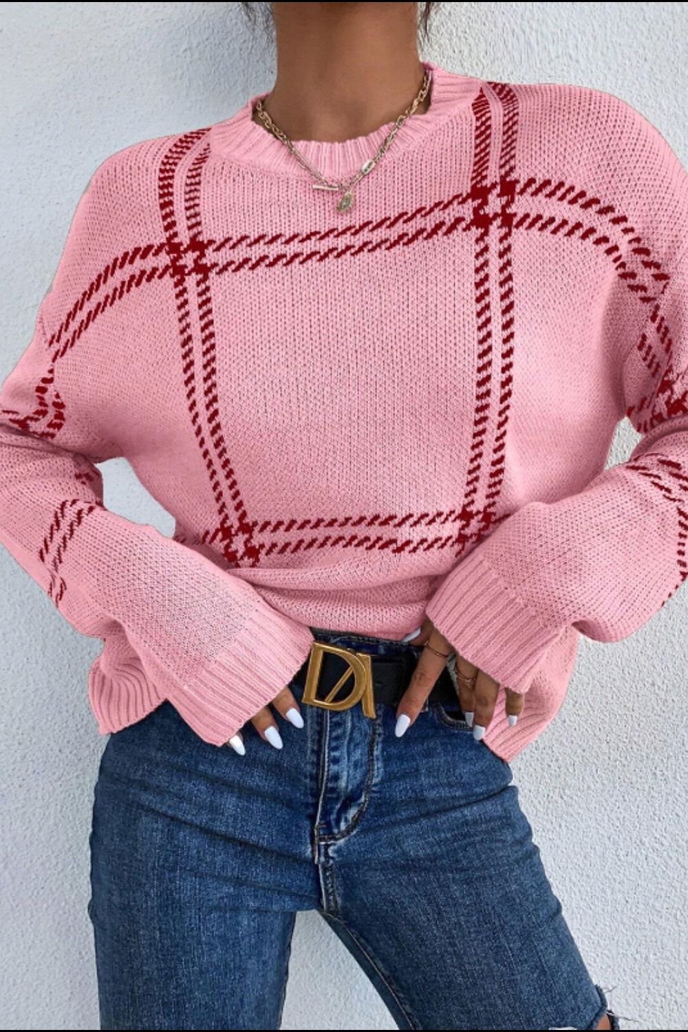 Front view of Contrast Round Neck Long Sleeve Sweater in Blush Pink showing neckline and sleeve details