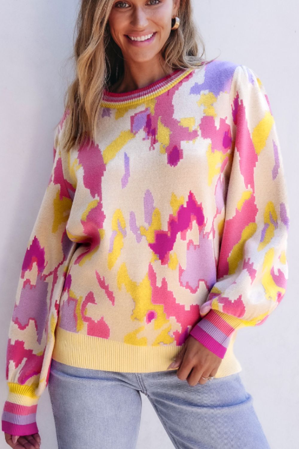 Contrast Round Neck Long Sleeve Sweater - Rochelle's House LLC