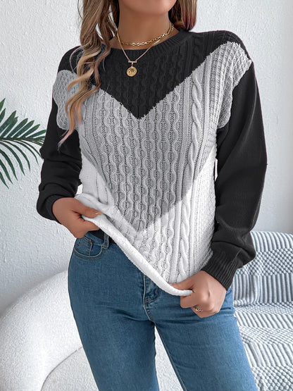 Contrast Round Neck Long Sleeve Sweater - Rochelle's House LLC