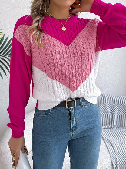 Contrast Round Neck Long Sleeve Sweater - Rochelle's House LLC