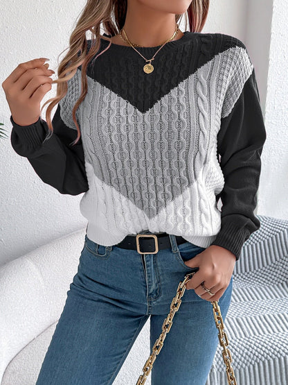 Contrast Round Neck Long Sleeve Sweater - Rochelle's House LLC