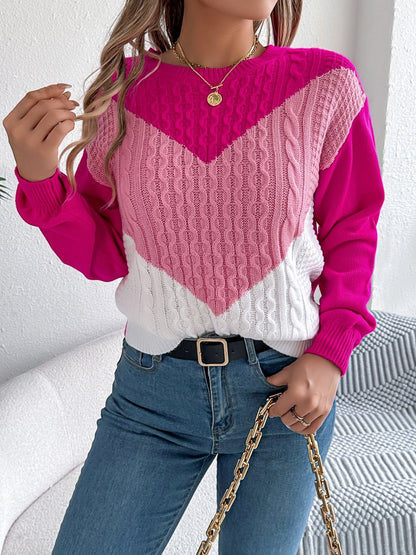 Contrast Round Neck Long Sleeve Sweater - Rochelle's House LLC